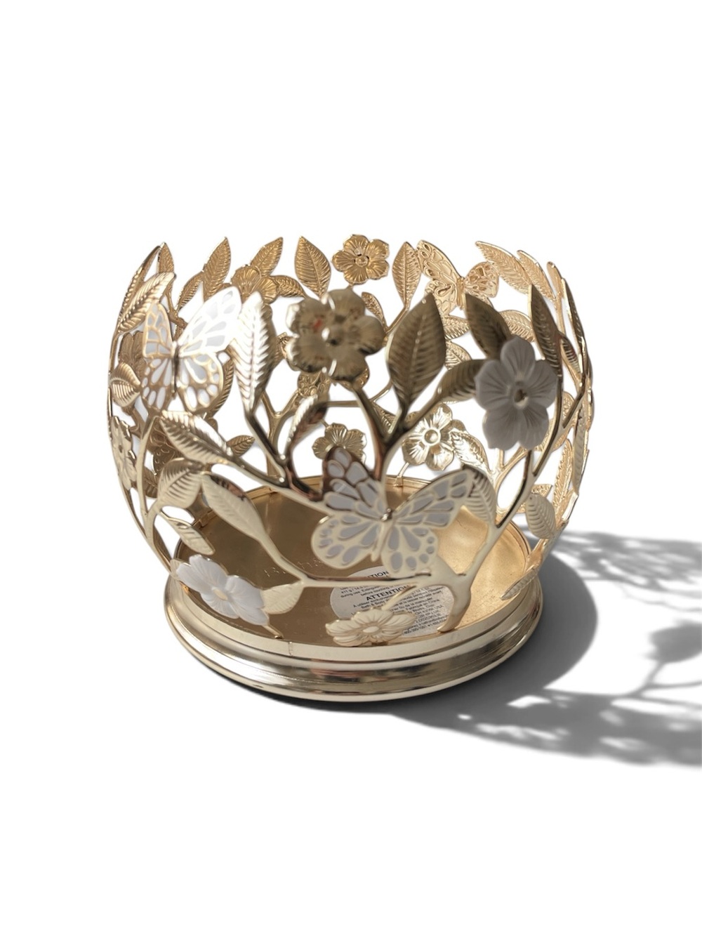 Bath & Body Works Gold Leaves/White Floral & Butterfly 3 Wick Candle Holder